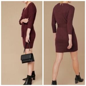 Amour Vert 100% Wool Ribbed Burgundy Plum V Neck Quarter Sleeve Sweater-Dress L